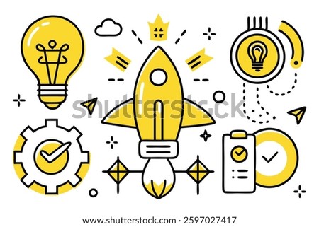 Creativity and innovation doodle icons set, Technology and Innovation Related Doodle, color clip art, Good idea, business start up
