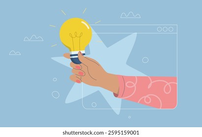 Creativity, Innovation, Hand holding light bulb, Big idea, Brainstorming, Web banner or template, Symbol of new innovation or discovery, Flat vector design illustration.
