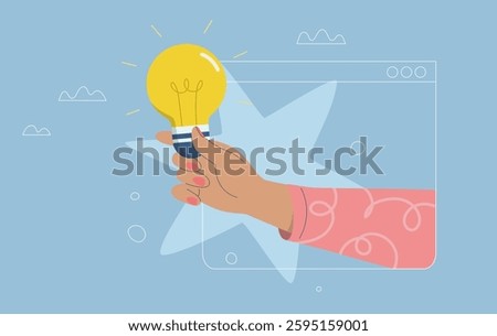 Creativity, Innovation, Hand holding light bulb, Big idea, Brainstorming, Web banner or template, Symbol of new innovation or discovery, Flat vector design illustration.

