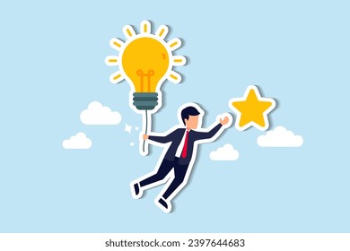Creatividad o innovación para ayudar a alcanzar el objetivo de negocio, idea de bombilla de luz para el éxito, liderazgo para conseguir una solución para alcanzar el objetivo, empresario inteligente que vuela con idea de bombilla de luz para atrapar estrella en el cielo.
