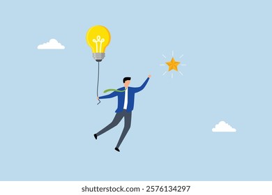 Creativity or innovation to help reach business goal, clever entrepreneur soaring with innovative concept to seize star in heavens. 