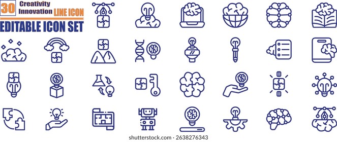 Creativity innovation icons. Light bulb, inspiration, creative business, creative idea, team management, solution, brainstorming, invention and more. 