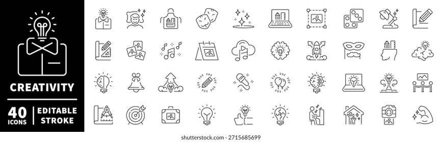 Creativity and innovation icons set. editable line icons, outline, artistic symbols