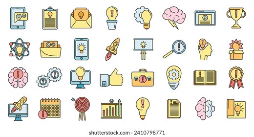 Creativity innovation icons set. Outline set of creativity innovation vector icons thin line color flat on white