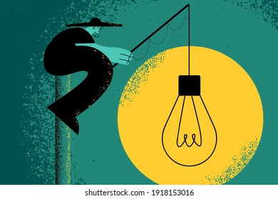 Creativity, innovation, idea concept. Businessman sitting and fishing new ideas for business or startup invention alone looking for opportunities and chances illustration