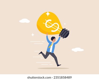 Creatividad o innovación para aumentar el crecimiento de los ingresos, concepto de idea financiera. Ganar dinero con una nueva idea o beneficiarse de la inversión, feliz empresario portando una brillante idea de bombilla con un signo de dinero en dólares