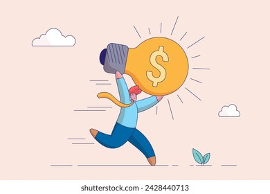 Creativity or innovation to increase earning growth, financial idea concept. Make money from new idea or profit from investment, happy businessman carrying bright lightbulb idea with dollar money sign