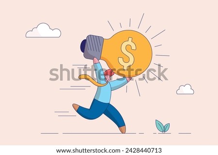 Creativity or innovation to increase earning growth, financial idea concept. Make money from new idea or profit from investment, happy businessman carrying bright lightbulb idea with dollar money sign