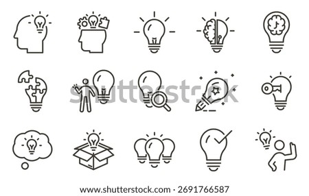 Creativity, innovation, lightbulbs and ideas icon set. Thin line editable stroke icons for brainstorming, imagination, design thinking, creative process, invention, inspiration, and problem solving.