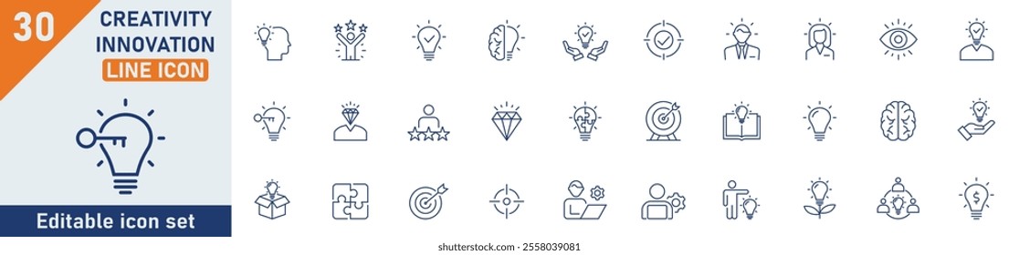 Creativity Innovation line icon set. Set of 30 outline icons related to idea, creative, solution, brainstorming, invention and others. Editable stroke. Vector illustration.