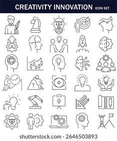 Creativity and innovation line icon set. Includes idea generation, teamwork, brain technology, leadership, robotics, growth, and problem-solving concepts. Perfect for business, tech, startup visuals.