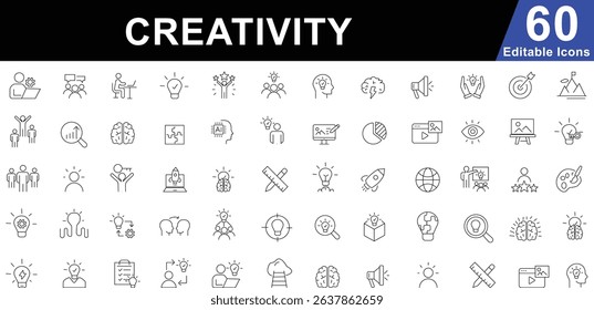Creativity and Innovation Line Icons Set. Idea, Brainstorming, Solutions and AI Symbols