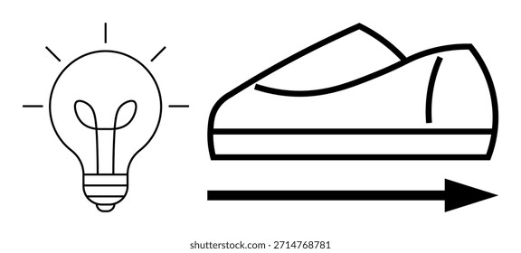 Creatividad, innovación, diseño de productos, movimiento hacia adelante, tecnología moderna, nuevas ideas. Esquema de una bombilla y zapato con una flecha. Creatividad e innovación en el concepto de diseño de producto