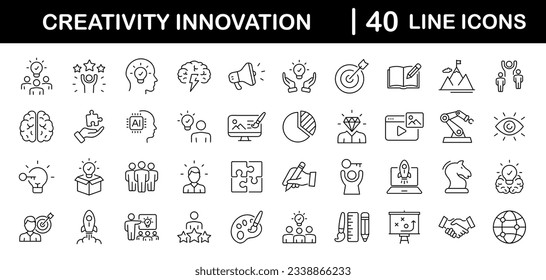 Creativity innovation set of web icons in line style. Creative business solutions icons for web and mobile app.Creative idea, team management, solution, brainstorming, invention. Vector illustration