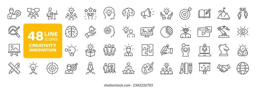 Juego de innovación creativa de iconos web en estilo de línea. Iconos creativos de soluciones de negocio para aplicaciones web y móviles.Idea creativa, gestión de equipos, solución, lluvia de ideas, invención. Ilustración del vector