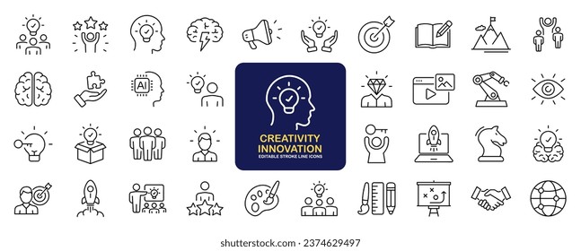 Creativity innovation set of web icons in line style. Creative business solutions icons for web and mobile app.Creative idea, team management, solution, brainstorming, invention. Vector illustration