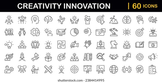 Creativity innovation set of web icons in line style. Creative business solutions icons for web and mobile app.Creative idea, team management, solution, brainstorming, invention. Vector illustration