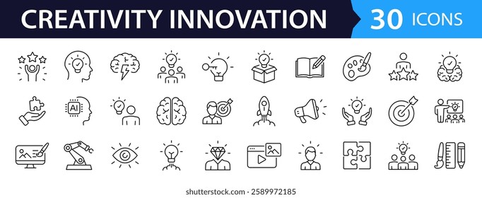 Creativity innovation set of web icons in line style. Creative business solutions icons for web and mobile app.Creative idea, team management, solution, brainstorming, invention. Vector illustration