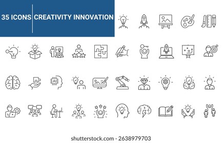 Creativity innovation set of web icons in line style. Creative business solutions icons for web and mobile app. Creative idea, team management, solution, brainstorming, invention. Vector illustration.