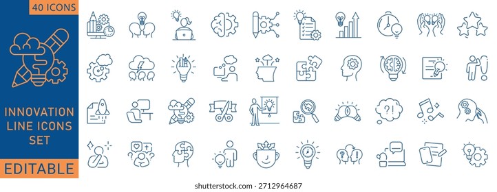 Creativity innovation set of web icons in line style. Creative business solutions icons for web and mobile app Creative idea, team management, brainstorming, solution,  invention. Vector illustration.