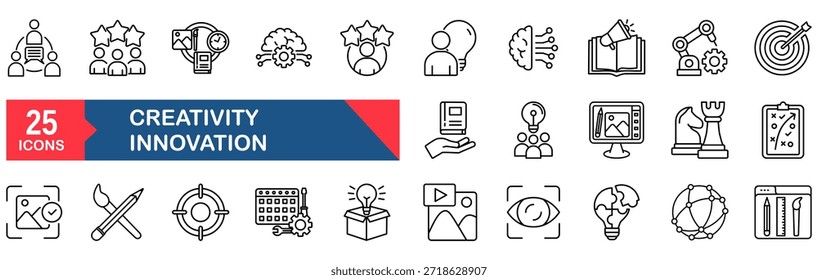 Kreativität Innovation Set von Web-Icons im Linienstil. Vektorgrafik-Konzept für Innovation, Kreativität, Technologie, Idee, Vektor, Geschäft, Licht, Lösung, Glühbirne
