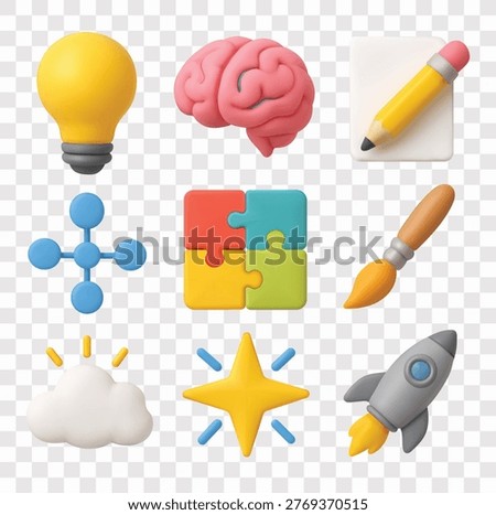 Creativity and Innovation Vector Icon Set | 3D icon set | lightbulb, brain, pencil on a notepad, network connection node, puzzle, paint brush, cloud, star, rocket