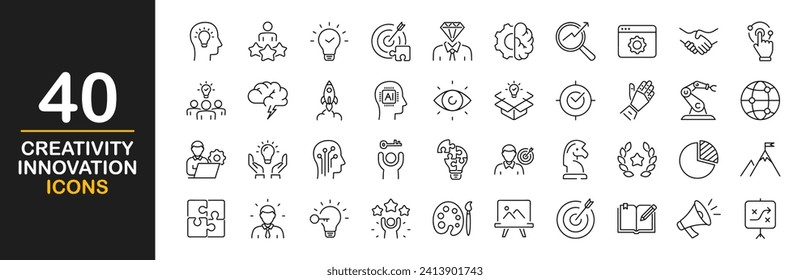 Creativity innovation web icons set. Creativity idea - simple thin line icons collection. Containing creative solutions, management, solution, brainstorming, invention and more. Simple web icons set