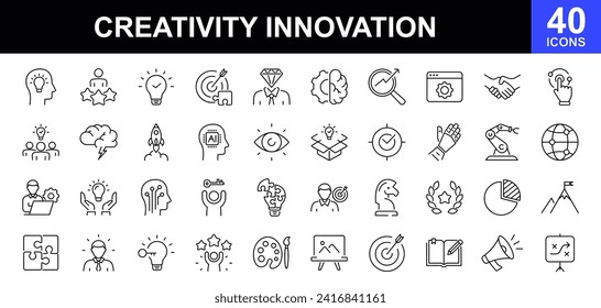 Creativity innovation web icons set. Creativity idea - simple thin line icons collection. Containing creative solutions, management, solution, brainstorming, invention and more. Simple web icons set