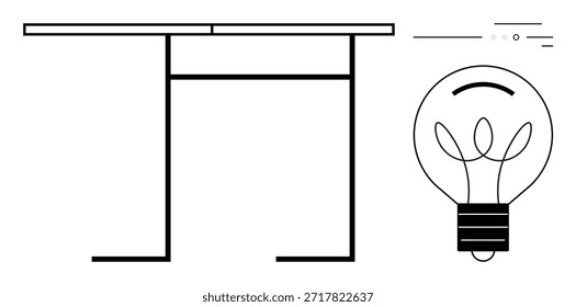 Criatividade, inovação, design de espaços de trabalho, minimalismo, ideias conceituais, brainstorming. Uma mesa e lâmpada desenhadas com linhas limpas. Criatividade e inovação tema apresentado em um estilo minimalista