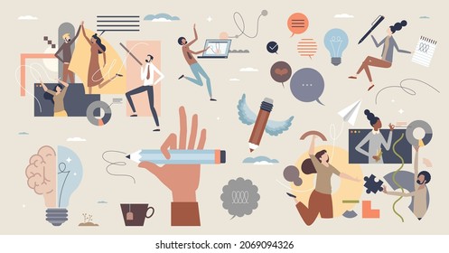 Creativity and innovative artistic work skills tiny person collection set. Elements with drawing and writing inspiring texts and marketing tasks vector illustration. Imagination thinking and teamwork