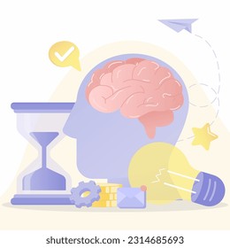 Creativity and innovative design realistic. Symbolic elements of brainstorming, strategy planning, learning, tactical thinking, management to achieve business success. Flat vector design illustration.