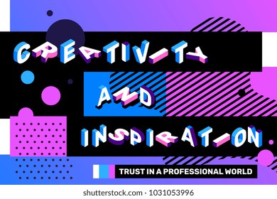 Creativity and inspiration concept on blue color background with abstract element. Vector creative horizontal illustration of 3d word lettering typography. Isometric template design of business banner