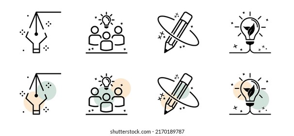 Creatividad, Inspiración, Ideas Icono Set - Diferentes Ilustraciones Vectoriales Aisladas En Fondo Blanco