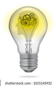 Creativity inteligence bulb concept.
Colorful illustration of light bulb with Stylized male head and gear. Vector available.