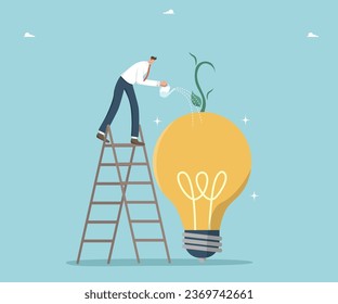 Creativity and intelligence for creating new ideas, thought process and logic for innovation, new opportunities and new knowledge for great success and development, man watering sprout on light bulb.
