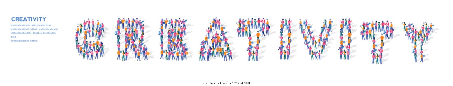 Creativity Isometric Vector Concept, Group of business people are gathered together in the shape of Creativity word, for web page, banner, presentation, social media, Crowd of little people. 