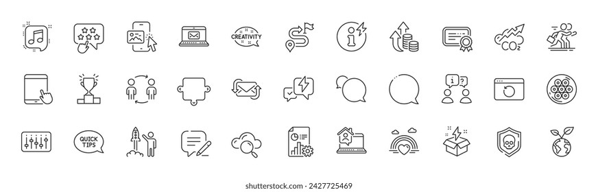 Creativity, Journey and Competition line icons. Pack of E-mail, Report, Cyber attack icon. Winner podium, Cloud computing, Power info pictogram. Speech bubble, Musical note, Phone image. Vector