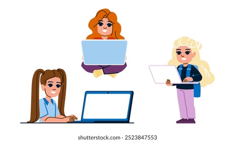 creativity kid girl laptop  vector.  technology homework, study typing, reading writing creativity kid girl laptop character. people flat cartoon illustration