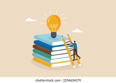 Creativity, knowledge to achieve success, imagination or education to develop skills, inspiration or finding solution concept, young adult man climb up ladder on book stack to find creative lightbulb.