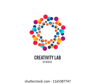 Creativity lab logo. Bubbles or Dots vector icon. Creative design studio logo. Business company brand sign. Minimalistic modern creativity graphic logotype. Typography template.