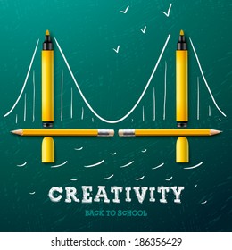 Creativity learning. Bridge made with pencils and markers - sketch on the blackboard, vector image. 