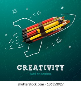 Creativity learning. Rocket ship launch made with pencils - sketch on the blackboard, vector image. 