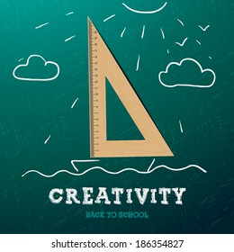 Creativity learning. Sailing ship made with wooden triangle  - sketch on the blackboard, vector image. 