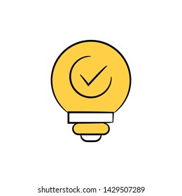 creativity light bulb and tick icon in yellow theme