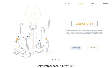 Creativity - Line Design Style Isometric Web Banner On White Background With Copy Space For Text. A Header With Colleagues, Company Staff Working On A Project, Image Of Lightbulb. Bright Idea Concept