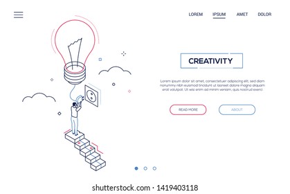Creativity - line design style isometric web banner on white background with copy space for text. A header with businessman standing on the staircase, switching on a lightbulb. Bright idea concept