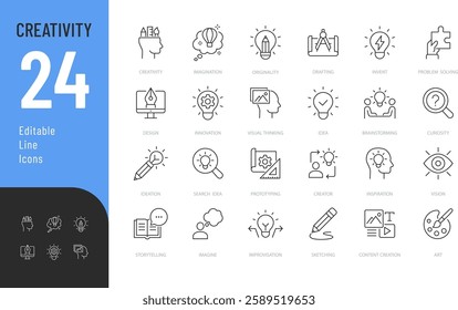 Creativity Line Editable Icons set. Vector illustration in modern thin line style of inventiveness related icons: imagination, innovation, inspiration, originality, and more. 