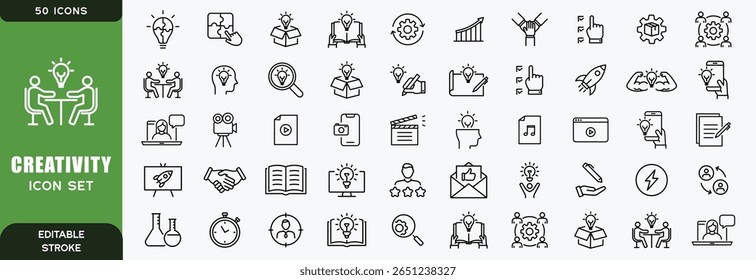 Conjunto de ícones editáveis da linha de criatividade. Ilustração vetorial no estilo moderno de linha fina de ícones relacionados à inventividade: imaginação, inovação, inspiração, originalidade e muito mais
