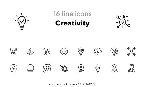 Juego de iconos de línea de creatividad. Artista, idea, bombilla. Concepto creativo de trabajo. Se puede usar para temas como innovación, inicio, invención, marketing de ideas