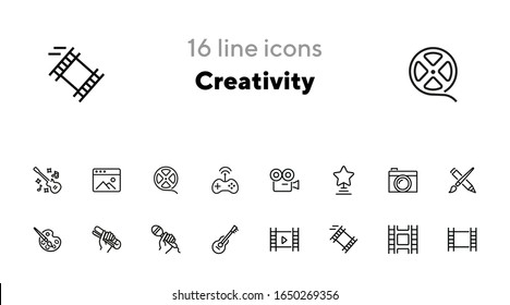 Creativity line icon set. Camera, guitar, movie. Leisure concept. Can be used for topics like entertainment, vocation, hobby